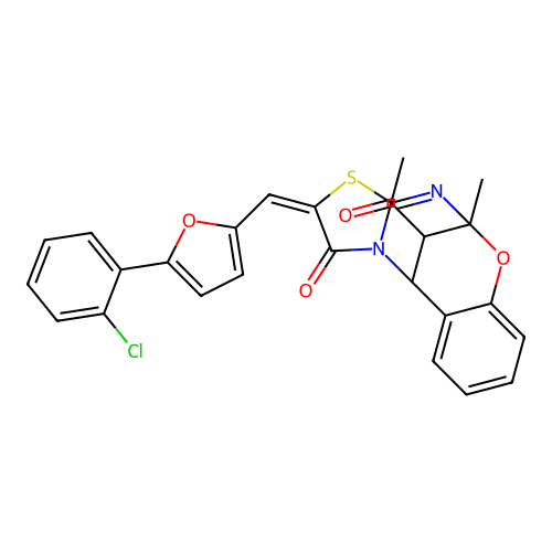 (2E)-13-acetyl-2-{[5-(2-chlorophenyl)furan-2-yl]methylidene}-5-methyl-5H,11H-5,11-methano[1,3]thiazolo[2,3-d][1,3,5]benzoxadiazocin-1(2H)-one structure