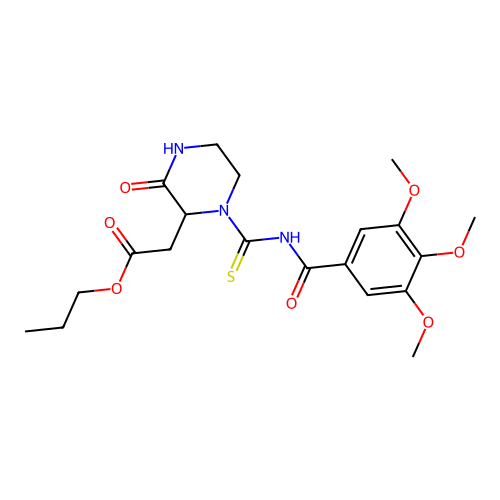 propyl (3-oxo-1-{[(3,4,5-trimethoxybenzoyl)amino]carbonothioyl}-2-piperazinyl)acetate structure