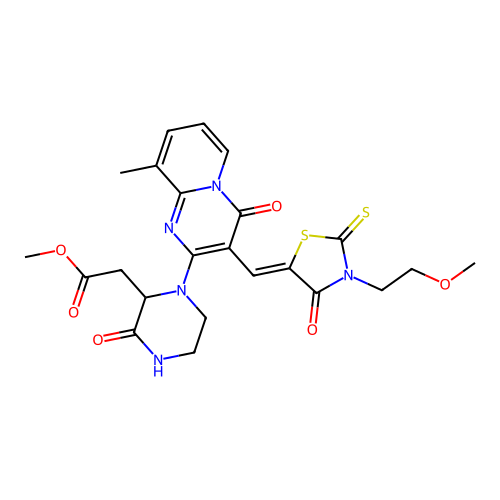 (Z)-methyl 2-(1-(3-((3-(2-methoxyethyl)-4-oxo-2-thioxothiazolidin-5-ylidene)methyl)-9-methyl-4-oxo-4H-pyrido[1,2-a]pyrimidin-2-yl)-3-oxopiperazin-2-yl)acetate structure