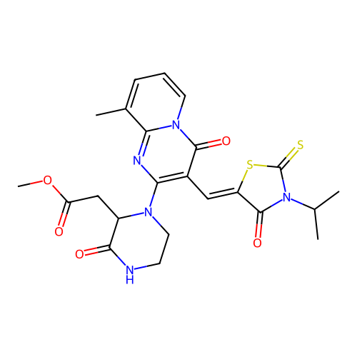 (Z)-methyl 2-(1-(3-((3-isopropyl-4-oxo-2-thioxothiazolidin-5-ylidene)methyl)-9-methyl-4-oxo-4H-pyrido[1,2-a]pyrimidin-2-yl)-3-oxopiperazin-2-yl)acetate structure
