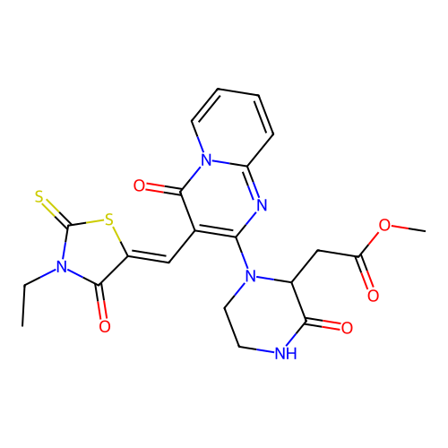 (Z)-methyl 2-(1-(3-((3-ethyl-4-oxo-2-thioxothiazolidin-5-ylidene)methyl)-4-oxo-4H-pyrido[1,2-a]pyrimidin-2-yl)-3-oxopiperazin-2-yl)acetate structure