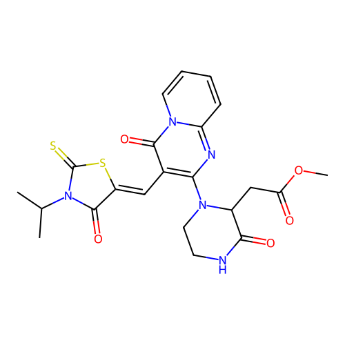 (Z)-methyl 2-(1-(3-((3-isopropyl-4-oxo-2-thioxothiazolidin-5-ylidene)methyl)-4-oxo-4H-pyrido[1,2-a]pyrimidin-2-yl)-3-oxopiperazin-2-yl)acetate structure