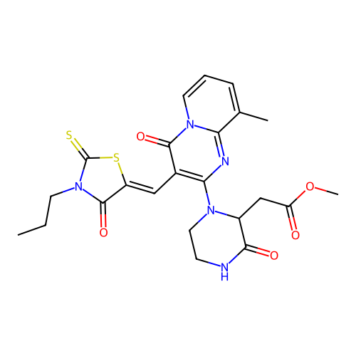 (Z)-methyl 2-(1-(9-methyl-4-oxo-3-((4-oxo-3-propyl-2-thioxothiazolidin-5-ylidene)methyl)-4H-pyrido[1,2-a]pyrimidin-2-yl)-3-oxopiperazin-2-yl)acetate structure