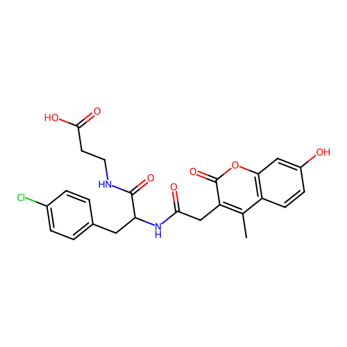 3-(3-(4-chlorophenyl)-2-(2-(7-hydroxy-4-methyl-2-oxo-2H-chromen-3-yl)acetamido)propanamido)propanoic acid structure