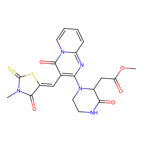 (Z)-methyl 2-(1-(3-((3-methyl-4-oxo-2-thioxothiazolidin-5-ylidene)methyl)-4-oxo-4H-pyrido[1,2-a]pyrimidin-2-yl)-3-oxopiperazin-2-yl)acetate structure