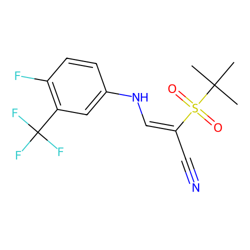 2-Tert-butylsulfonyl-3-[4-fluoro-3-(trifluoromethyl)anilino]prop-2-enenitrile structure
