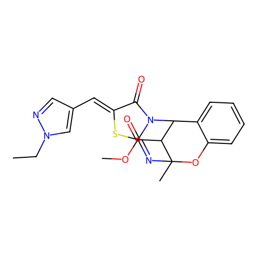 (Z)-methyl 2-((1-ethyl-1H-pyrazol-4-yl)methylene)-5-methyl-1-oxo-1,2,5,11-tetrahydro-5,11-methanobenzo[g]thiazolo[2,3-d][1,3,5]oxadiazocine-13-carboxylate structure