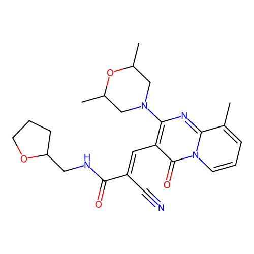 (2E)-2-cyano-3-[2-(2,6-dimethylmorpholin-4-yl)-9-methyl-4-oxo-4H-pyrido[1,2-a]pyrimidin-3-yl]-N-(tetrahydrofuran-2-ylmethyl)prop-2-enamide structure