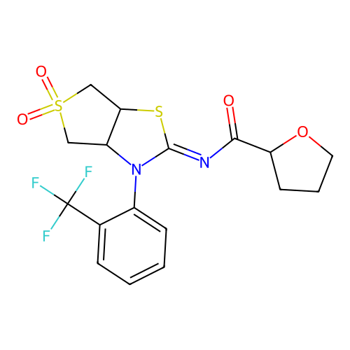 (Z)-N-(5,5-dioxido-3-(2-(trifluoromethyl)phenyl)tetrahydrothieno[3,4-d]thiazol-2(3H)-ylidene)tetrahydrofuran-2-carboxamide structure