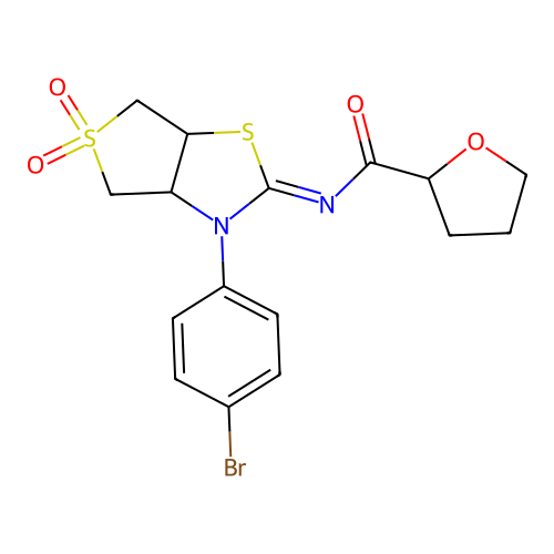 (Z)-N-(3-(4-bromophenyl)-5,5-dioxidotetrahydrothieno[3,4-d]thiazol-2(3H)-ylidene)tetrahydrofuran-2-carboxamide structure