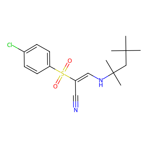 (E)-2-(4-chlorophenyl)sulfonyl-3-(2,4,4-trimethylpentan-2-ylamino)prop-2-enenitrile structure