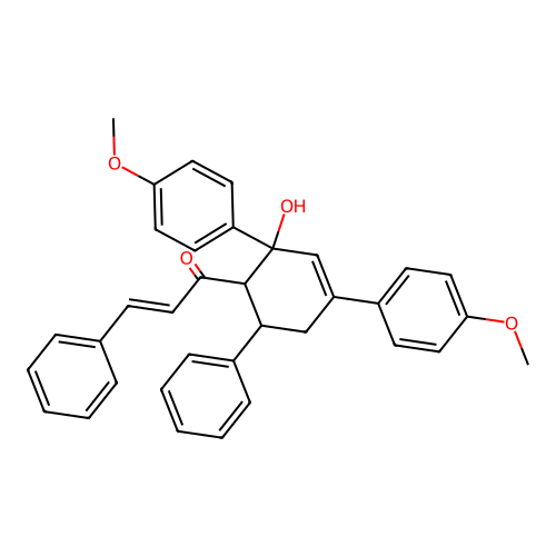 (E)-1-[2-hydroxy-2,4-bis(4-methoxyphenyl)-6-phenylcyclohex-3-en-1-yl]-3-phenylprop-2-en-1-one structure