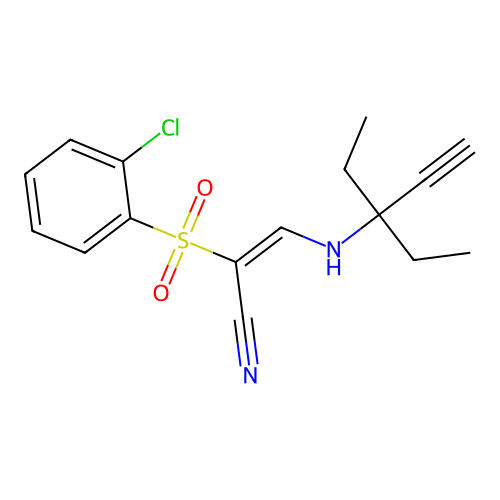 (E)-2-(2-chlorophenyl)sulfonyl-3-(3-ethylpent-1-yn-3-ylamino)prop-2-enenitrile structure