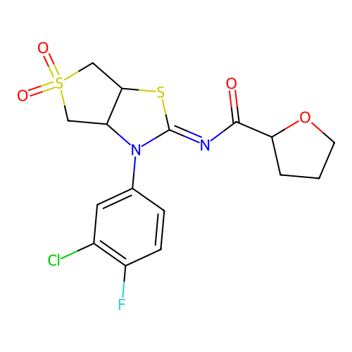 (Z)-N-(3-(3-chloro-4-fluorophenyl)-5,5-dioxidotetrahydrothieno[3,4-d]thiazol-2(3H)-ylidene)tetrahydrofuran-2-carboxamide structure