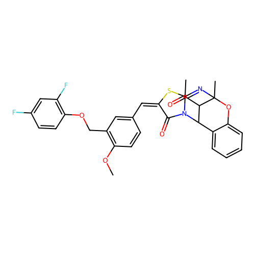 (13E)-16-acetyl-13-[[3-[(2,4-difluorophenoxy)methyl]-4-methoxyphenyl]methylidene]-9-methyl-8-oxa-12-thia-10,15-diazatetracyclo[7.6.1.02,7.011,15]hexadeca-2,4,6,10-tetraen-14-one structure