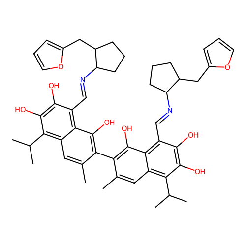 (1Z)-1-[[[2-(furan-2-ylmethyl)cyclopentyl]amino]methylidene]-7-[(8Z)-8-[[[2-(furan-2-ylmethyl)cyclopentyl]amino]methylidene]-1,6-dihydroxy-3-methyl-7-oxo-5-propan-2-ylnaphthalen-2-yl]-3,8-dihydroxy-6-methyl-4-propan-2-ylnaphthalen-2-one structure