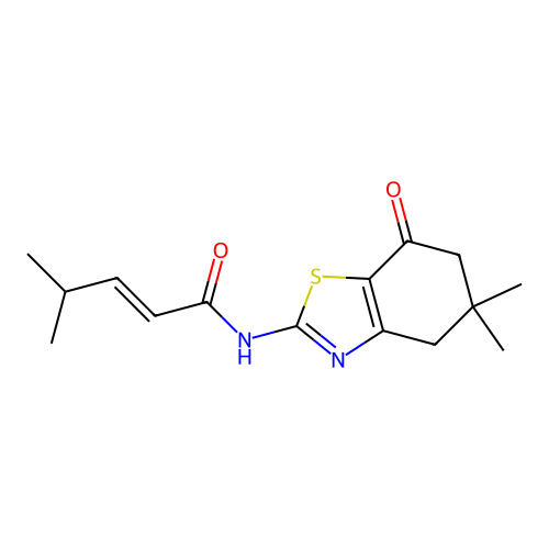 (E)-N-(5,5-dimethyl-7-oxo-4,6-dihydro-1,3-benzothiazol-2-yl)-4-methylpent-2-enamide structure
