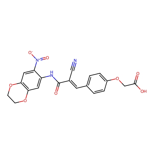 2-(4-{2-cyano-2-[(7-nitro-2,3-dihydro-1,4-benzodioxin-6-yl)carbamoyl]eth-1-en-1-yl}phenoxy)acetic acid structure