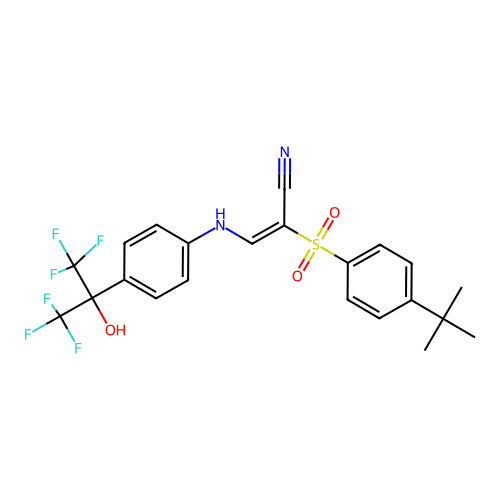 (E)-2-(4-tert-butylphenyl)sulfonyl-3-[4-(1,1,1,3,3,3-hexafluoro-2-hydroxypropan-2-yl)anilino]prop-2-enenitrile structure