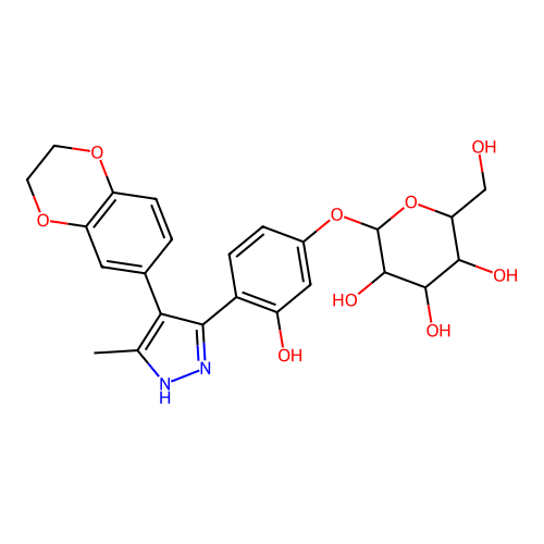 6-[4-(2,3-dihydro-1,4-benzodioxin-6-yl)-5-methyl-1,2-dihydropyrazol-3-ylidene]-3-[3,4,5-trihydroxy-6-(hydroxymethyl)oxan-2-yl]oxycyclohexa-2,4-dien-1-one structure