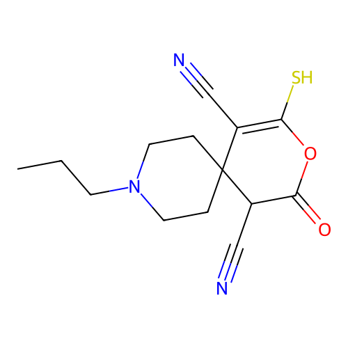 2-Oxo-9-propyl-4-sulfanyl-3-oxa-9-azaspiro[5.5]undec-4-ene-1,5-dicarbonitrile structure