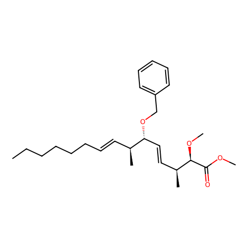 4,8-Pentadecadienoic acid, 2-methoxy-3,7-dimethyl-6-(phenylmethoxy)-, methyl ester, (2R*,3S*,4E,6R*,7S*,8E)- structure