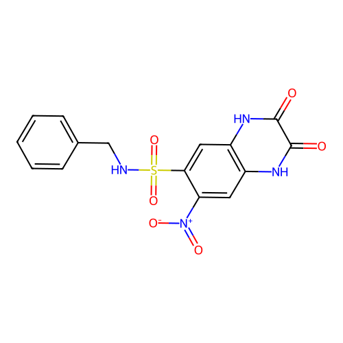 N-benzyl-7-nitro-2,3-dioxo-1,4-dihydroquinoxaline-6-sulfonamide structure