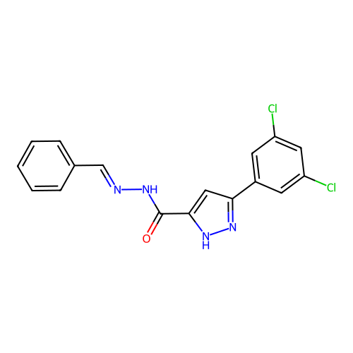 (E)-N'-benzylidene-3-(3,5-dichlorophenyl)-1H-pyrazole-5-carbohydrazide structure