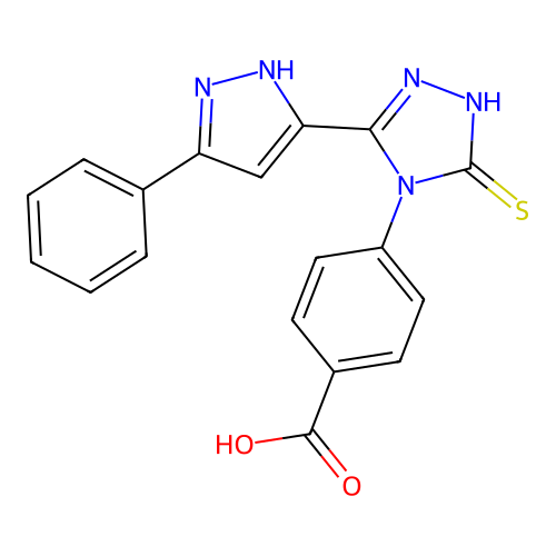 4-[3-(3-phenyl-1H-pyrazol-5-yl)-5-sulfanyl-4H-1,2,4-triazol-4-yl]benzoic acid structure