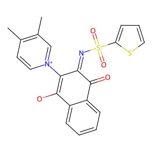 2-(3,4-dimethylpyridin-1-ium-1-yl)-4-oxo-3-thiophen-2-ylsulfonyliminonaphthalen-1-olate structure