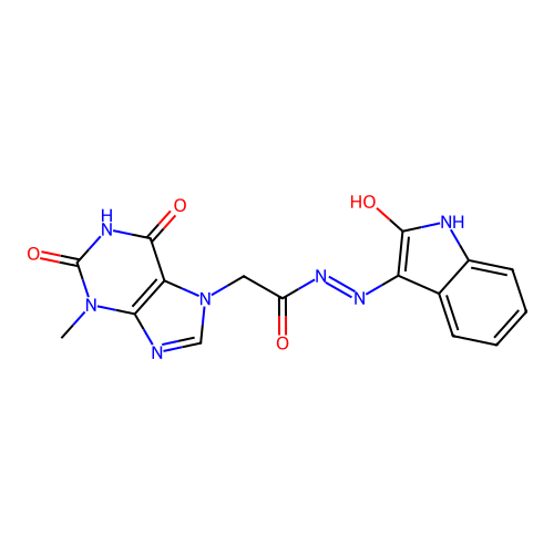 (E)-2-(3-methyl-2,6-dioxo-2,3-dihydro-1H-purin-7(6H)-yl)-N'-(2-oxoindolin-3-ylidene)acetohydrazide structure