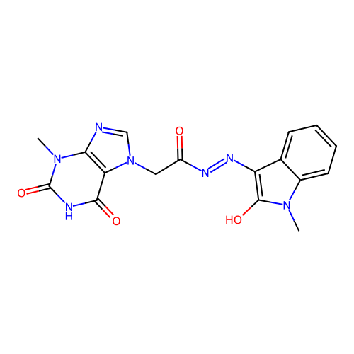 (E)-2-(3-methyl-2,6-dioxo-2,3-dihydro-1H-purin-7(6H)-yl)-N'-(1-methyl-2-oxoindolin-3-ylidene)acetohydrazide structure