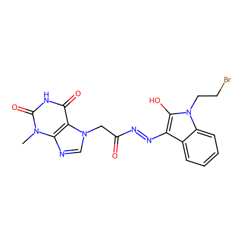 (E)-N'-(1-(2-bromoethyl)-2-oxoindolin-3-ylidene)-2-(3-methyl-2,6-dioxo-2,3-dihydro-1H-purin-7(6H)-yl)acetohydrazide structure