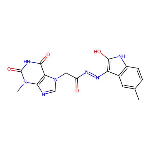 (E)-2-(3-methyl-2,6-dioxo-2,3-dihydro-1H-purin-7(6H)-yl)-N'-(5-methyl-2-oxoindolin-3-ylidene)acetohydrazide structure