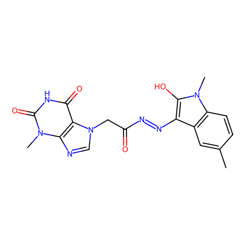 N-[(1,5-dimethyl-2-oxo-indol-3-ylidene)amino]-2-(3-methyl-2,6-dioxo-purin-7-yl)acetamide structure