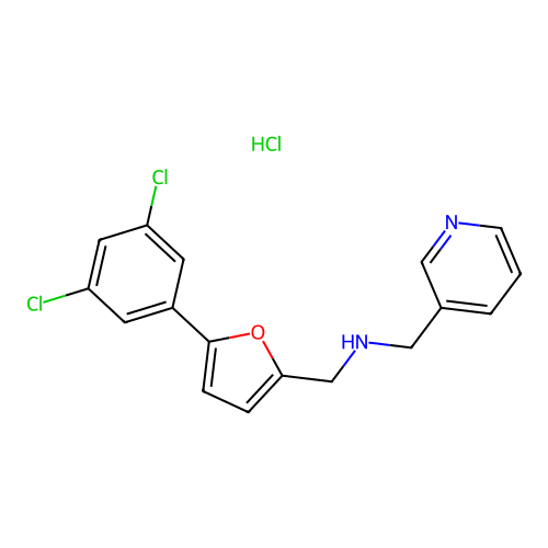 1-(5-(3,5-dichlorophenyl)furan-2-yl)-N-(pyridin-3-ylmethyl)methanamine hydrochloride structure