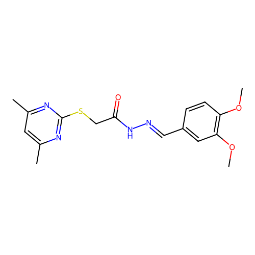 N-[(E)-(3,4-dimethoxyphenyl)methylideneamino]-2-(4,6-dimethylpyrimidin-2-yl)sulfanylacetamide structure