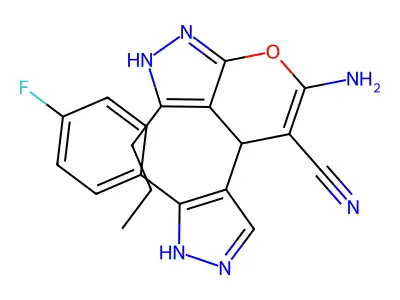6-amino-4-[3-(4-fluorophenyl)-1H-pyrazol-4-yl]-3-propyl-1,4-dihydropyrano[2,3-c]pyrazole-5-carbonitrile structure