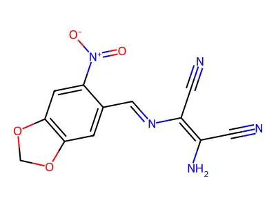 (Z)-2-amino-3-{[(E)-(6-nitro-1,3-benzodioxol-5-yl)methylidene]amino}-2-butenedinitrile structure