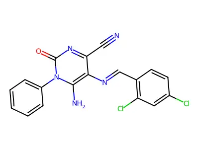5-{[(2,4-dichlorophenyl)methylidene]amino}-6-imino-2-oxo-1-phenyl-1,2,3,6-tetrahydropyrimidine-4-carbonitrile structure