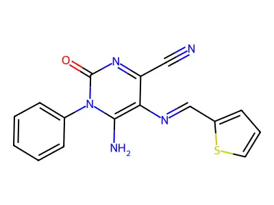 6-imino-2-oxo-1-phenyl-5-{[(thiophen-2-yl)methylidene]amino}-1,2,3,6-tetrahydropyrimidine-4-carbonitrile structure