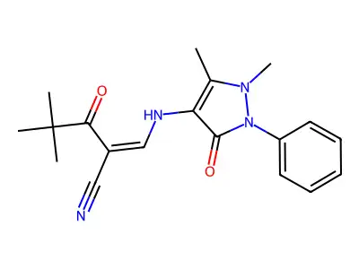 (E)-3-[(1,5-dimethyl-3-oxo-2-phenyl-2,3-dihydro-1H-pyrazol-4-yl)amino]-2-(2,2-dimethylpropanoyl)-2-propenenitrile structure
