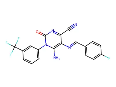 5-{[(E)-(4-fluorophenyl)methylidene]amino}-6-imino-2-oxo-1-[3-(trifluoromethyl)phenyl]-1,2,3,6-tetrahydro-4-pyrimidinecarbonitrile structure
