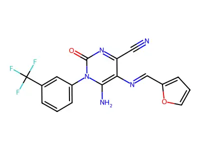 5-[(E)-[(furan-2-yl)methylidene]amino]-6-imino-2-oxo-1-[3-(trifluoromethyl)phenyl]-1,2,3,6-tetrahydropyrimidine-4-carbonitrile structure