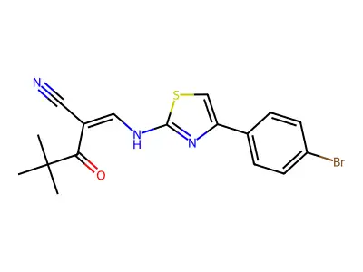 (Z)-3-{[4-(4-bromophenyl)-1,3-thiazol-2-yl]amino}-2-(2,2-dimethylpropanoyl)-2-propenenitrile structure