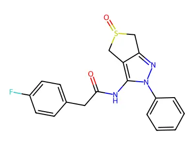 2-(4-fluorophenyl)-N-(5-oxido-2-phenyl-4,6-dihydro-2H-thieno[3,4-c]pyrazol-3-yl)acetamide structure