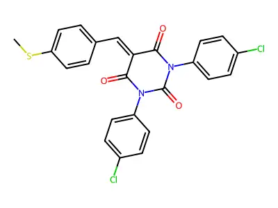 1,3-bis(4-chlorophenyl)-5-((4-methylthiophenyl)methylene)-1,3-diazaperhydroine-2,4,6-trione structure