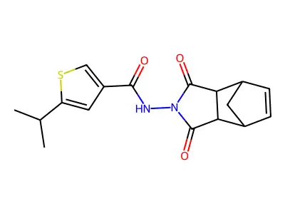 N-(1,3-dioxo-1,3,3a,4,7,7a-hexahydro-2H-4,7-methanoisoindol-2-yl)-5-(propan-2-yl)thiophene-3-carboxamide structure
