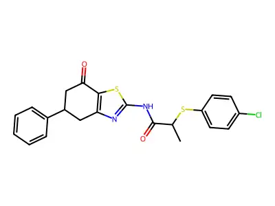 2-(4-chlorophenylthio)-N-(7-oxo-5-phenyl(4,5,6-trihydrobenzothiazol-2-yl))propanamide structure