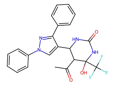5-acetyl-6-(1,3-diphenylpyrazol-4-yl)-4-hydroxy-4-(trifluoromethyl)-1,3-diazinan-2-one structure